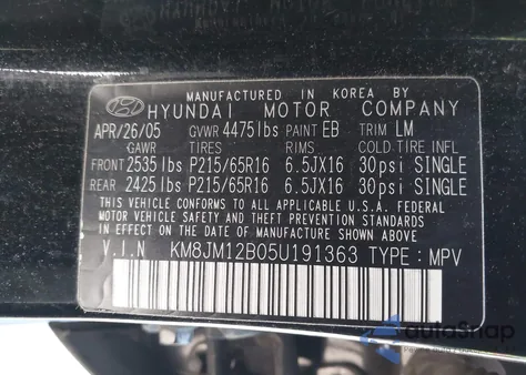 2005 Hyundai Tucson Gl z USA, uszkodzony, nr VIN KM8JM12B05U191363